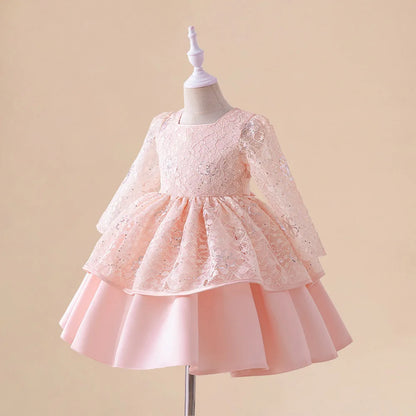 Kids Wedding Party Dresses Girls Bow White Flower Long Sleeved Costume Clothes Children Birthday Princess Gown Evening Vestidos