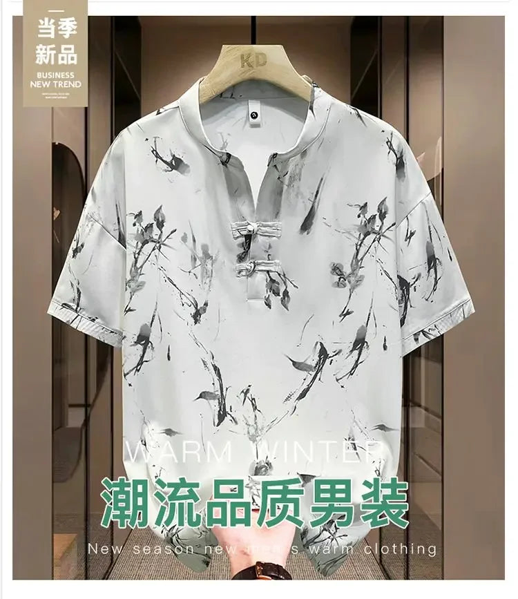 New Chinese Short-sleeved Men Trendy Versatile T-shirt in Summer Retro Stand Collar Thin Fashion Pullover (Available)
