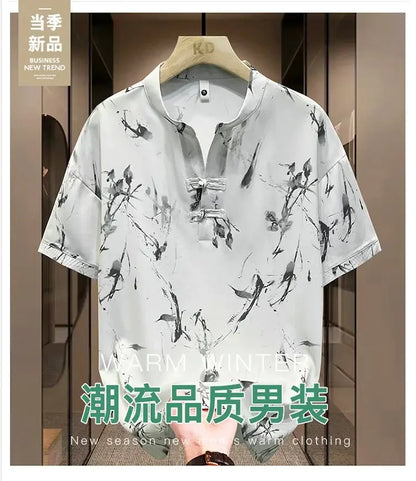 New Chinese Short-sleeved Men Trendy Versatile T-shirt in Summer Retro Stand Collar Thin Fashion Pullover (Available)