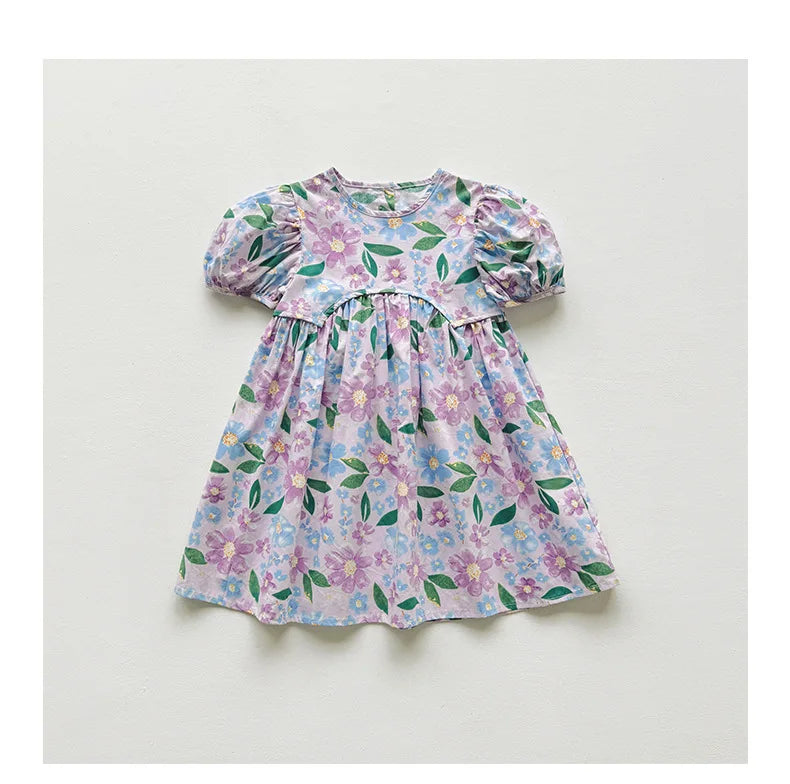 2025 Summer Kids Girls Dresses Short Sleeve A Line Girls Dresses Floral Print Pleated Dress For Girl