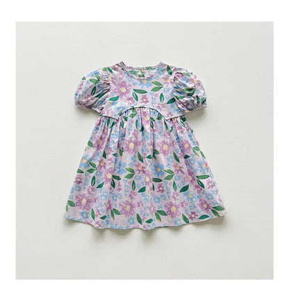2025 Summer Kids Girls Dresses Short Sleeve A Line Girls Dresses Floral Print Pleated Dress For Girl