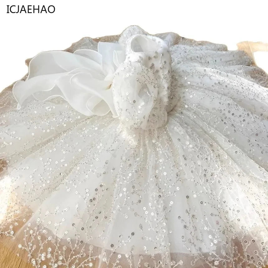Girl's White Wedding Tutu Dress, Elegant Princess Dress for Flower Dresses Kids Vestidos Girl Birthday Party Princess Sequins