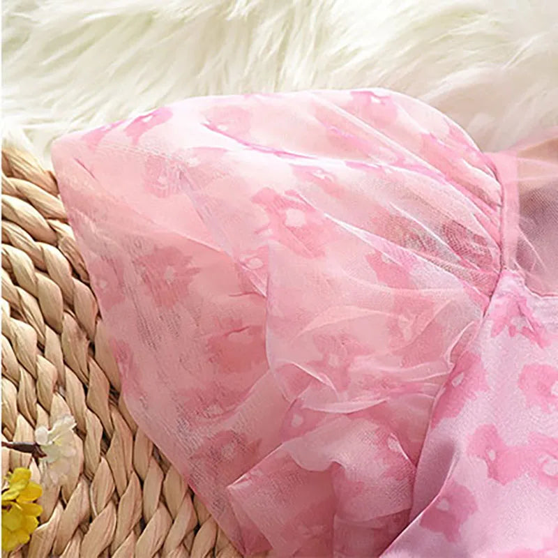 2026 New Girls' Summer Dress 2-8Y Sweet Girls Floral Puff Short Sleeve Princess Dress Kid's Clothes Children's Mesh Dress