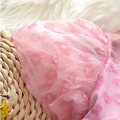 2026 New Girls' Summer Dress 2-8Y Sweet Girls Floral Puff Short Sleeve Princess Dress Kid's Clothes Children's Mesh Dress