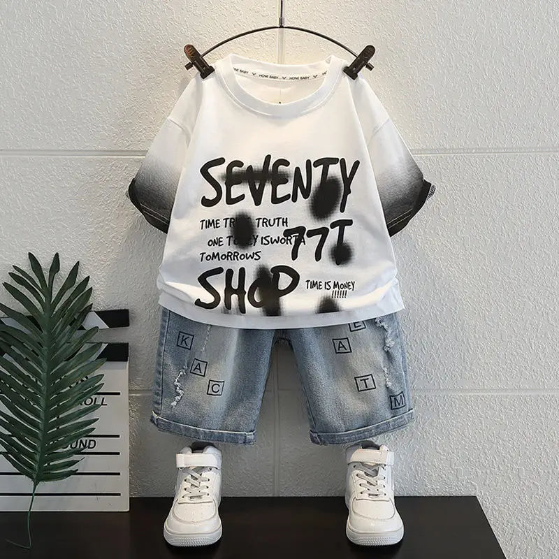 Summer Baby Boys Fashion High Quality Set Cotton Boy Short Sleeved Hole T-shirt + Denim Shorts Kids Loose Casual Clothes 2-11Y
