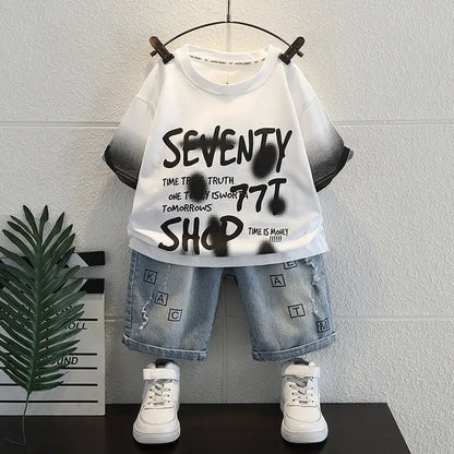 Summer Baby Boys Fashion High Quality Set Cotton Boy Short Sleeved Hole T-shirt + Denim Shorts Kids Loose Casual Clothes 2-11Y