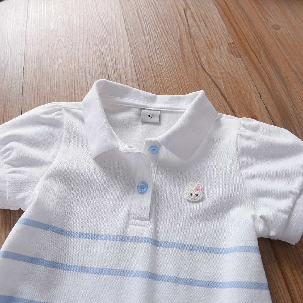 Girls' Fashion Polo Dress with Stripes Kids Elegant Puffed Sleeves Clothes Baby Girls Summer Dresses