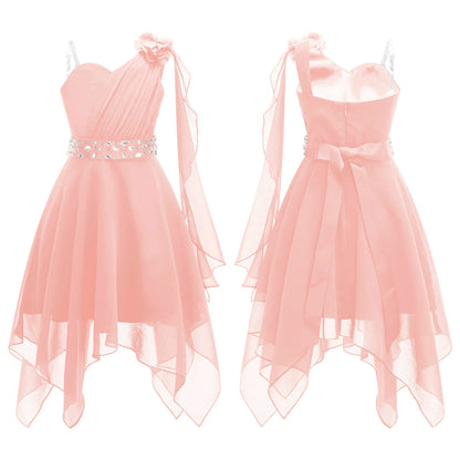 Summer Girls Festive Dress Hi-Lo Tulle Sleeveless Shiny Beaded Dress Flower Kids Wedding Pageant Clothing Evening Communion Gow