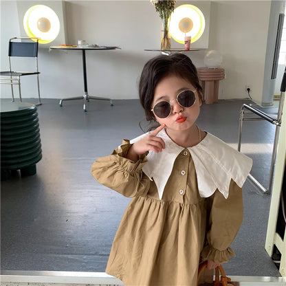 Girl Dress Spring 2023 New Retro Van Doll Pointed Collar Girl's Dress Long Sleeve Khaki Princess Dress Sweet Casual Dress