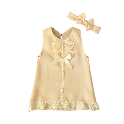 0-24 Months Newborn Infant Baby Girls Dress White Princess Lace Bowknot Sleeveless Dress Headband Clothes Outfit Sets