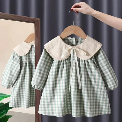 Girl's Sweet  Princess Dress Children Spring Autumn Baby Infants Bow Plaided Patchwork Party Dresses Vestidos Kids