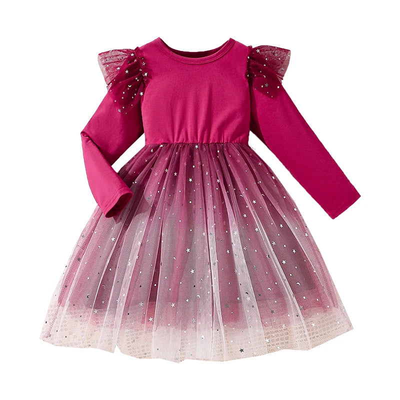 4-6-year-old girl's dress in spring and autumn is sweet and lovely, round neck and long sleeve stitching, star printing gauze he
