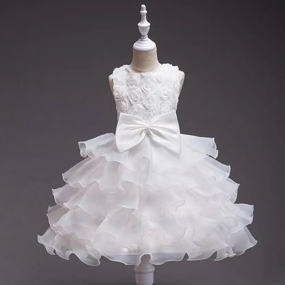 Girl's bow dress A dress with suspenders Rose flower girl wedding dress