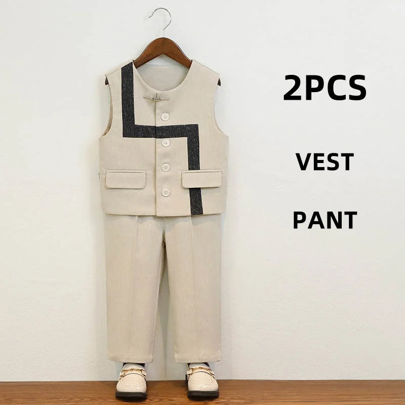 Summer Children Boys Suit Set Stylish Flower 1-10Y Boys Formal Wedding Suit Outfit Spliced Kids Baby Boys Vest Shirt Shorts Suit