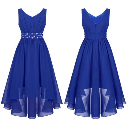 Summer Girls Festive Dress Hi-Lo Tulle Sleeveless Shiny Beaded Dress Flower Kids Wedding Pageant Clothing Evening Communion Gow