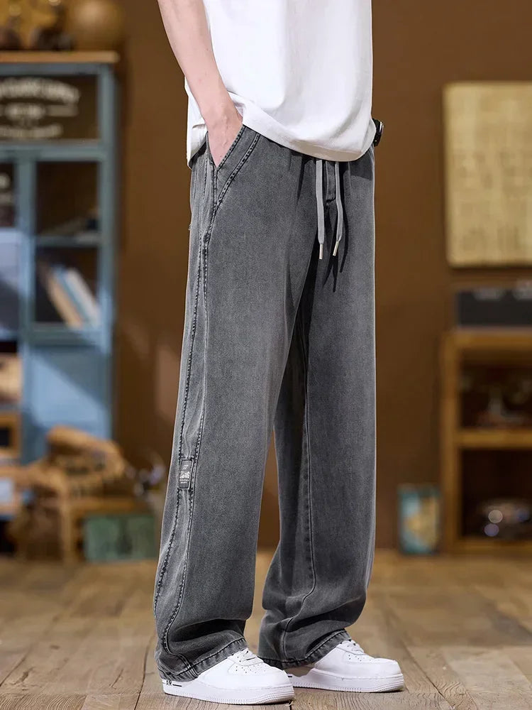 Soft Lyocell Thin Drawstring Jeans Men's Korean Cozy Casual Fashion Straight Trousers Male Streetwear Loose Denim Pants