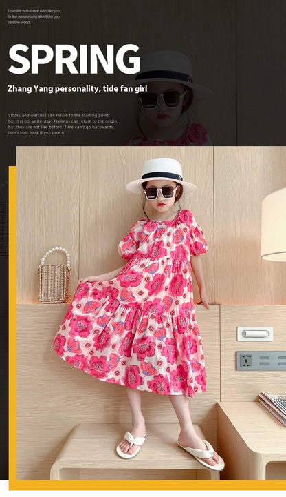 Girl's Large Flower Dress 2025 New Summer Children's Foreign-Style Loose Korean Version of the Older Girls Floral Lazy Skirt