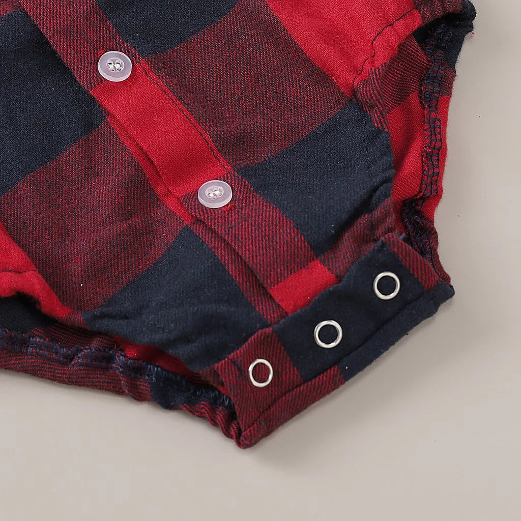 Newborn Baby Boy Bodysuit Plaid Print Long Sleeve Turn Down Collar Gentleman Shirt Jumpsuit Spring&Autumn Romper for 0-18Months