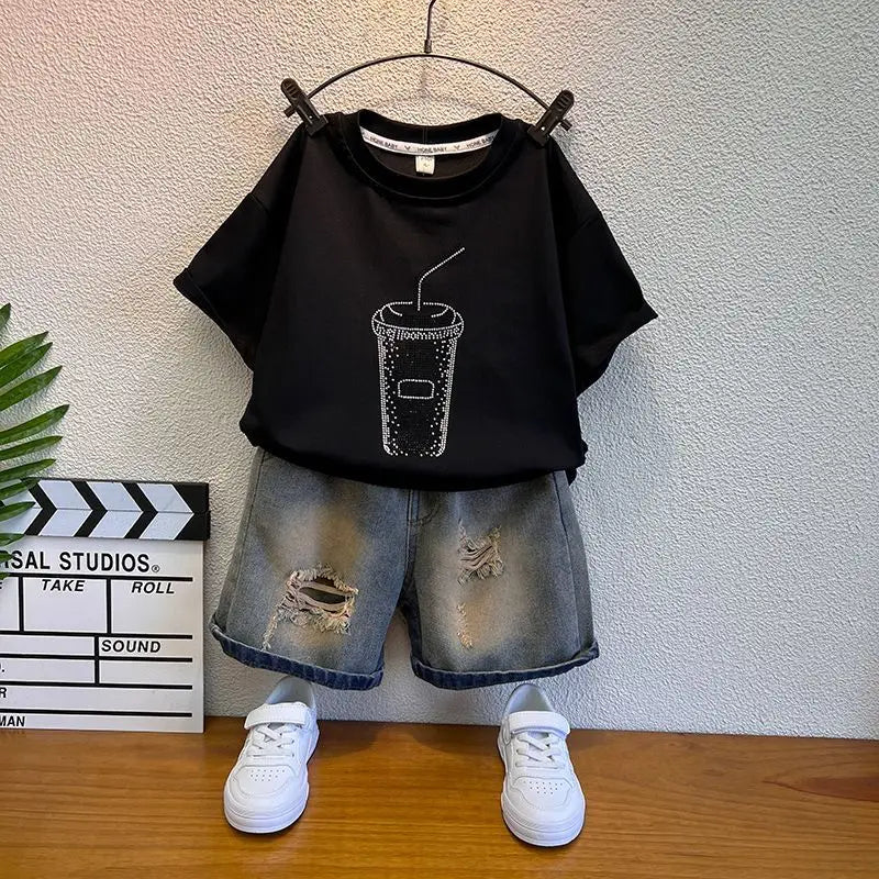 Summer Baby Boys Fashion High Quality Set Cotton Boy Short Sleeved Hole T-shirt + Denim Shorts Kids Loose Casual Clothes 2-11Y