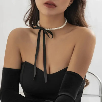 Sexy Trendy Pearl Beaded Bowknot Pendant Necklace for Women Charm Personality Black Lace Ties Collar Jewelry Accessories Gift