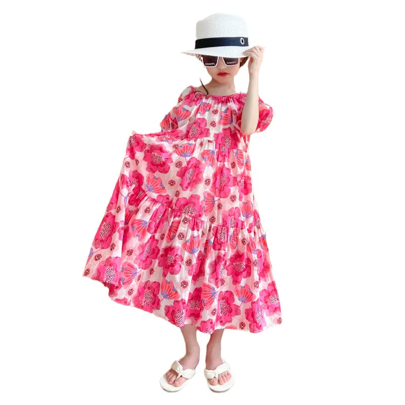 Girl's Large Flower Dress 2025 New Summer Children's Foreign-Style Loose Korean Version of the Older Girls Floral Lazy Skirt