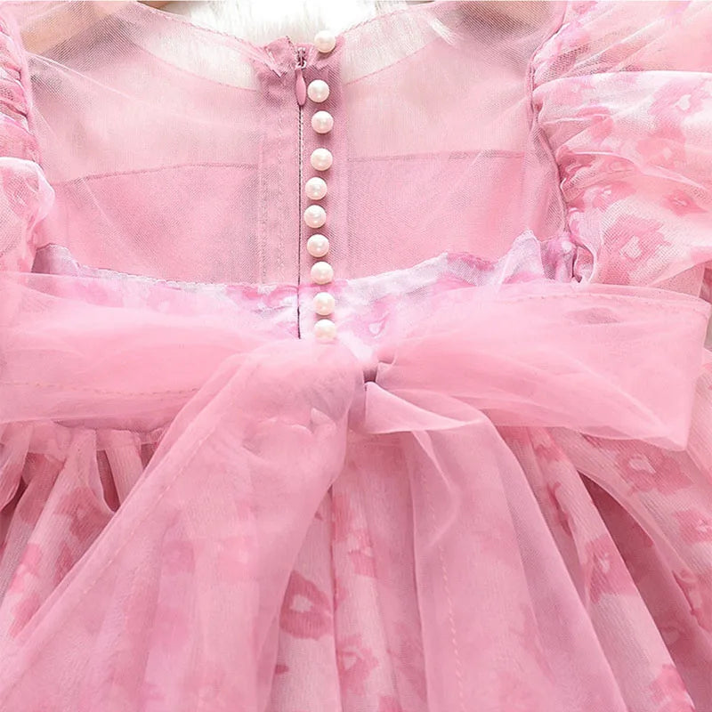2026 New Girls' Summer Dress 2-8Y Sweet Girls Floral Puff Short Sleeve Princess Dress Kid's Clothes Children's Mesh Dress