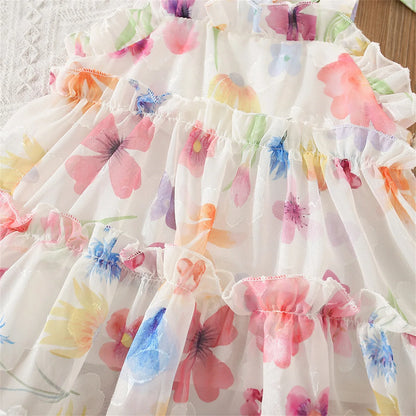 Summer Girls' Dress Strap Chiffon Cool Beach Skirt Beautiful Fragmented Flower Ladies Fashion Bow Sleeveless Skirt