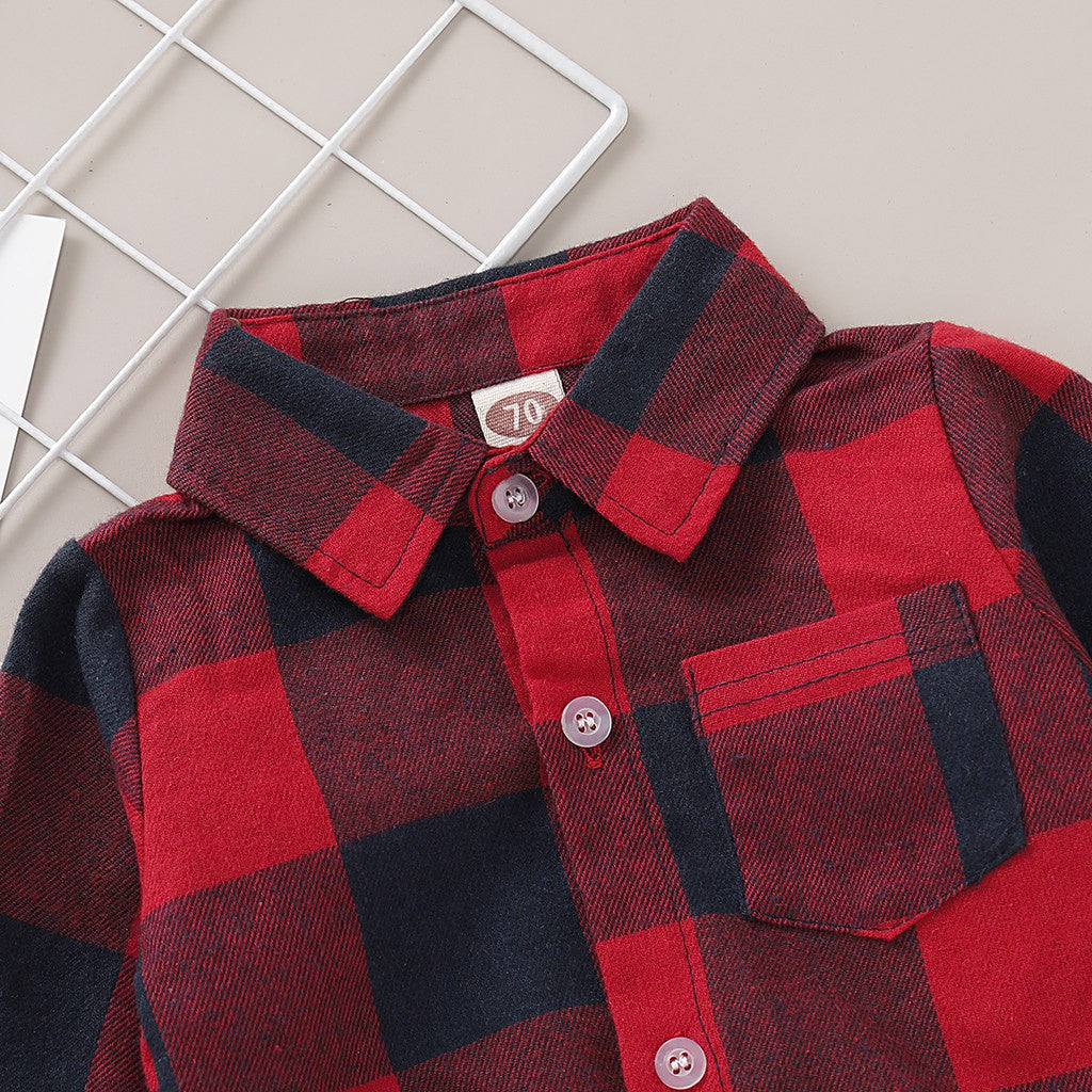 Newborn Baby Boy Bodysuit Plaid Print Long Sleeve Turn Down Collar Gentleman Shirt Jumpsuit Spring&Autumn Romper for 0-18Months