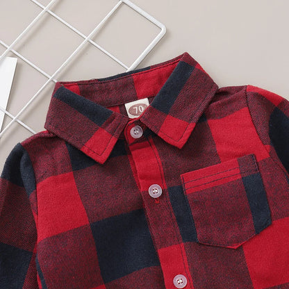 Newborn Baby Boy Bodysuit Plaid Print Long Sleeve Turn Down Collar Gentleman Shirt Jumpsuit Spring&Autumn Romper for 0-18Months