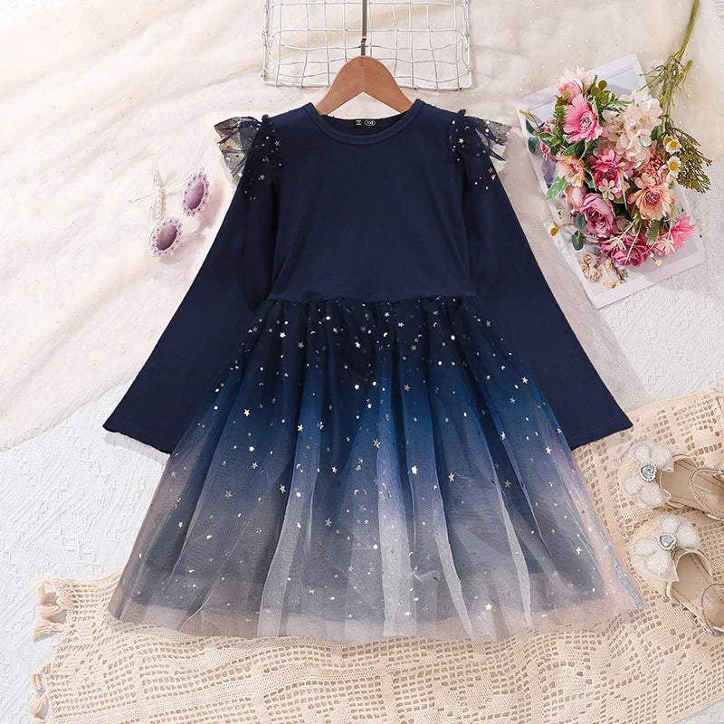 4-6-year-old girl's dress in spring and autumn is sweet and lovely, round neck and long sleeve stitching, star printing gauze he