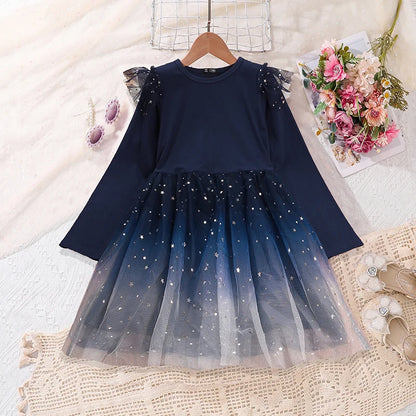 4-6-year-old girl's dress in spring and autumn is sweet and lovely, round neck and long sleeve stitching, star printing gauze he