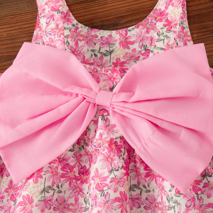 Summer Beach Party Dress for Girls Rose Red Bow Flower Print Suspender Dress Girl Casual Outdoor Outfit Sent Hat