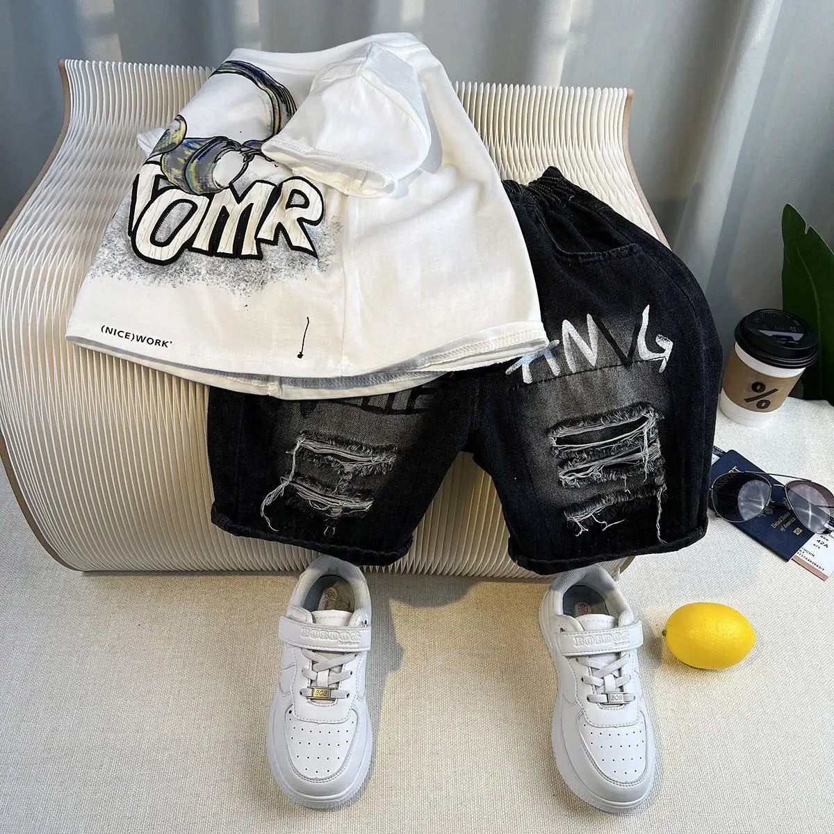 Summer Baby Boys Fashion High Quality Set Cotton Boy Short Sleeved Hole T-shirt + Denim Shorts Kids Loose Casual Clothes 2-11Y