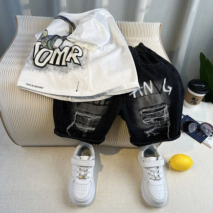 Summer Baby Boys Fashion High Quality Set Cotton Boy Short Sleeved Hole T-shirt + Denim Shorts Kids Loose Casual Clothes 2-11Y