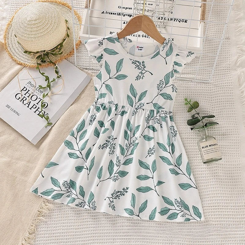 Baby Girls' Summer Sweet Fresh Dress: Leaf-Print Flutter-Sleeve A-Line Skirt – Comfortable & Breathable Sleeveless Outfit