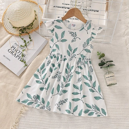 Baby Girls' Summer Sweet Fresh Dress: Leaf-Print Flutter-Sleeve A-Line Skirt – Comfortable & Breathable Sleeveless Outfit