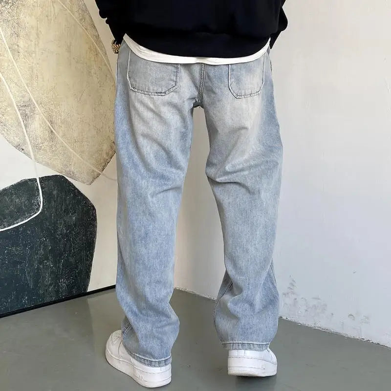 American Casual Cool Retro Retro Retro Light Blue Jeans Men's Straight Leg Loose and Versatile Wide Leg Pants