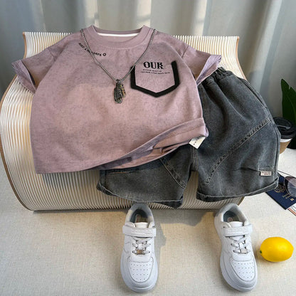 Summer Baby Boys Fashion High Quality Set Cotton Boy Short Sleeved Hole T-shirt + Denim Shorts Kids Loose Casual Clothes 2-11Y