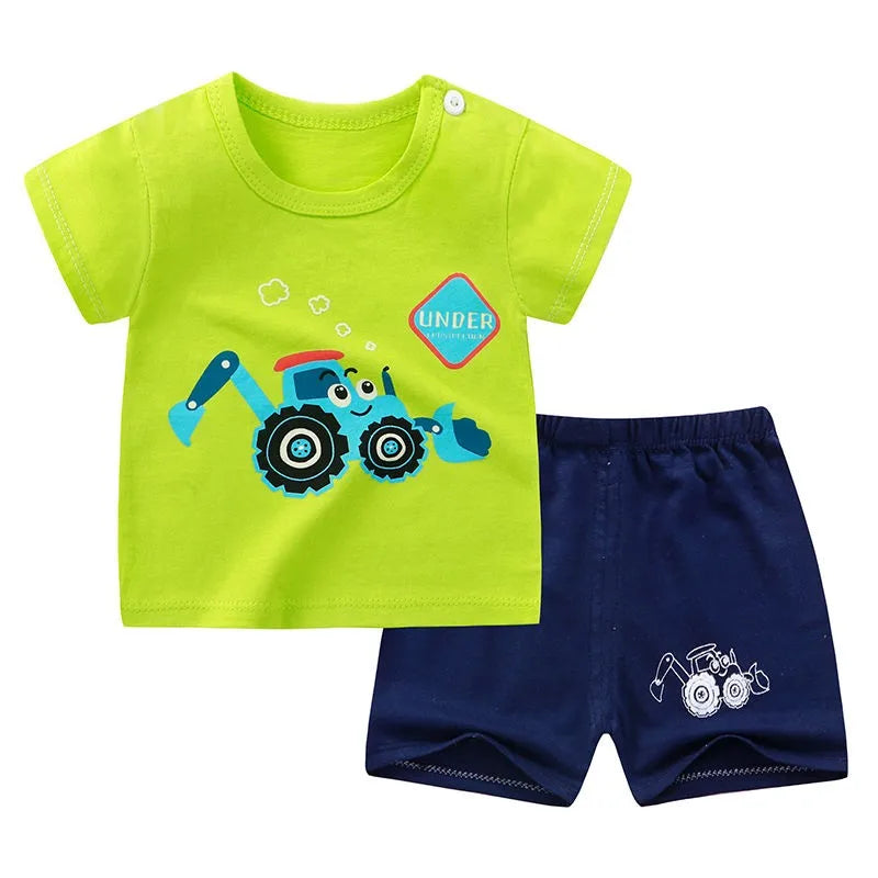 Boys Summer Costume New Short Sleeve Tshirt Shorts Baby Girls Small Car Print Tees 2PCS Trendy New Style Tracksuits Outer Wear