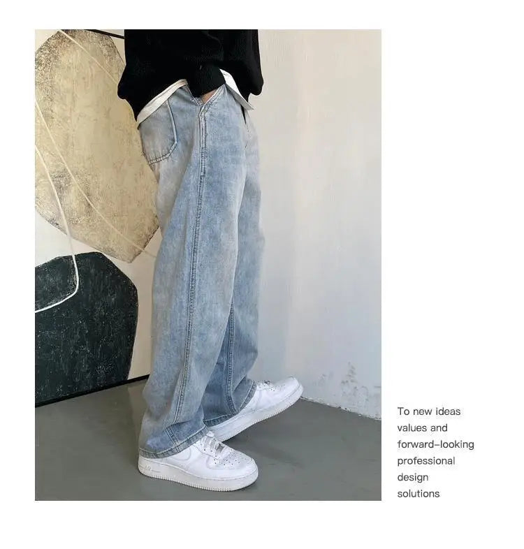 American Casual Cool Retro Retro Retro Light Blue Jeans Men's Straight Leg Loose and Versatile Wide Leg Pants