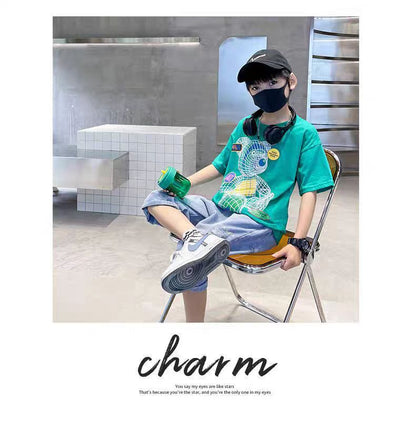 Colorful Bear Print Children's Short-sleeved T-shirt Boys loose Off-shoulder Fashion Dress (Available)
