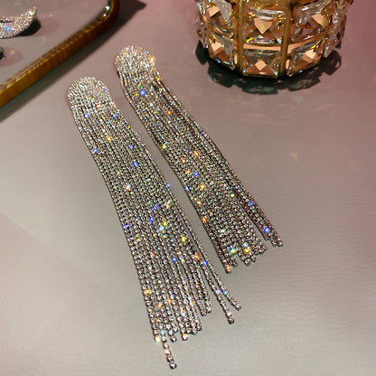 Exaggerated Personality Silver Full Diamond Super Long Tassel Ear Jewelry Women (Available)