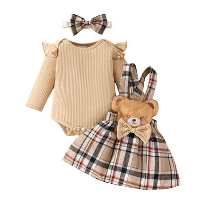 Girls' Fashion Minimalist Long Sleeve Triangle Rompers Bow Plaid Bear Doll Suspender Dress Hair Band Set  (Available)