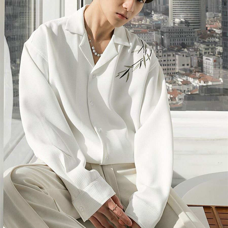 Mens Loose Casual Bamboo Embroidered Long Sleeve Shirt (Available)