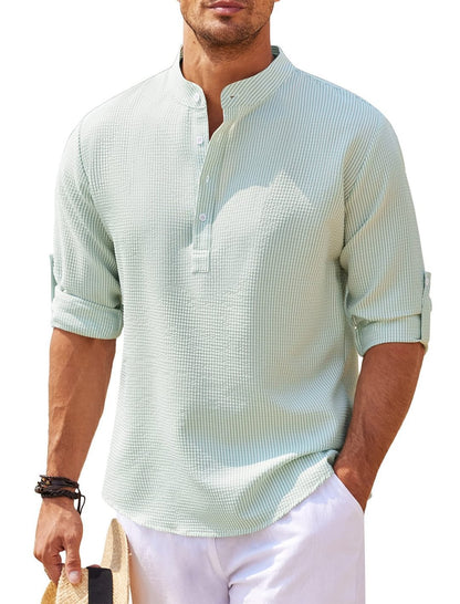Men's Casual Shirt  Long Sleeve Stand Collar Solid Color Shirt Mens Clothing (Available)