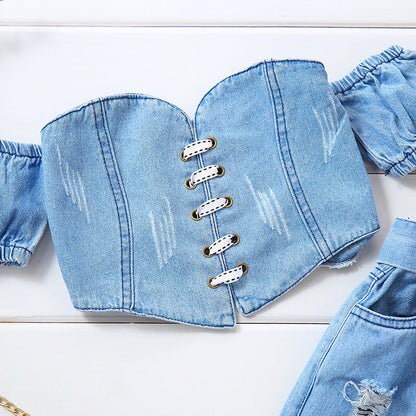 Girls' Off-shoulder Short Sleeve Lace-up Tube Top Denim Ripped Trousers Belt Suit (Available)