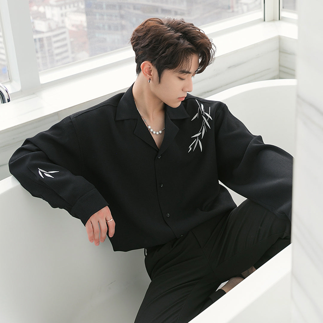 Mens Loose Casual Bamboo Embroidered Long Sleeve Shirt (Available)