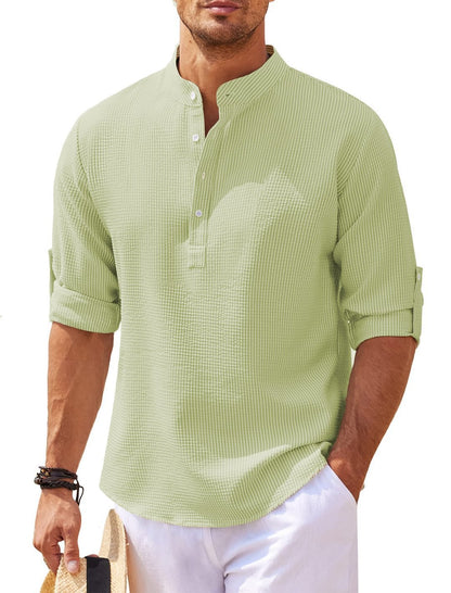 Men's Casual Shirt  Long Sleeve Stand Collar Solid Color Shirt Mens Clothing (Available)