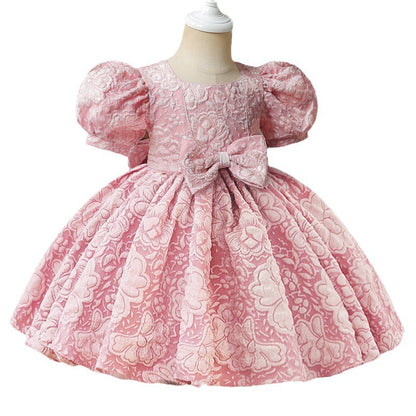Girl's Baby Dress For One Year Old Puff Sleeve Bow Princess Dress (Available)