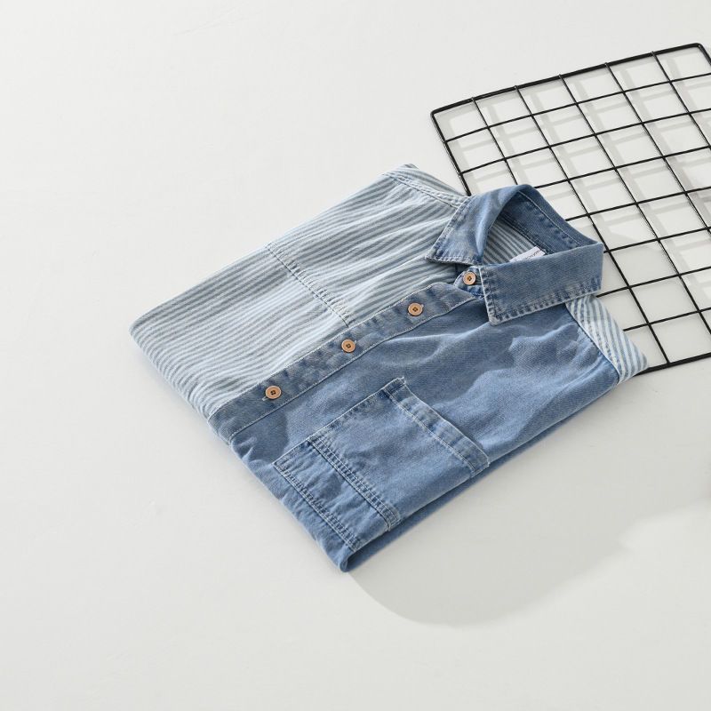 Design Sense Color Contrast Patchwork Striped Denim Short Sleeve Shirt (Available)